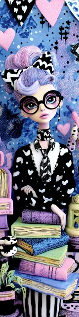 Free teacher bookmark featuring a teacher sitting with books and glasses